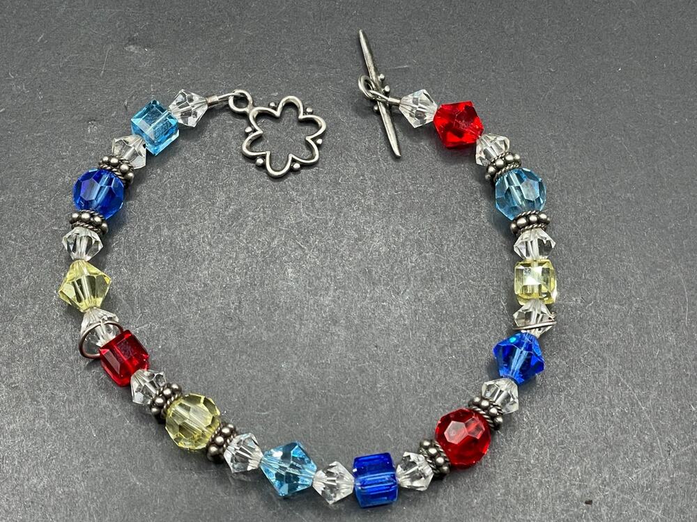 Vtg Sterling Silver 925 Crystal Multicolored Beaded Bracelet Sz 7 1/4"
